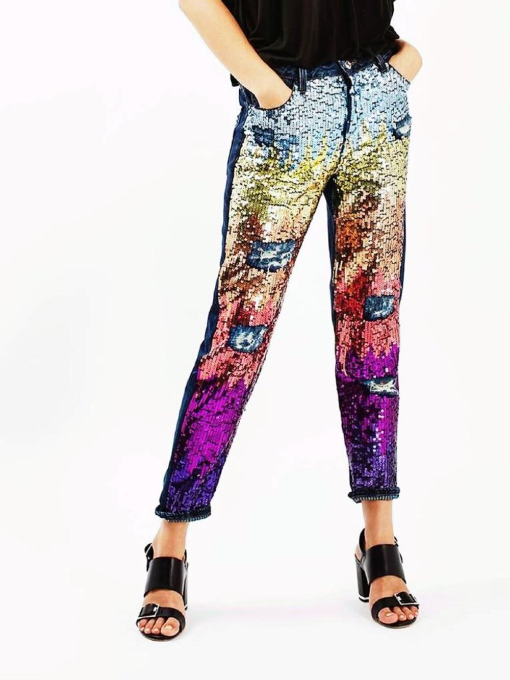 Topshop Hayden Moto Rainbow Sequin Destroyed Distressed Crop Jeans